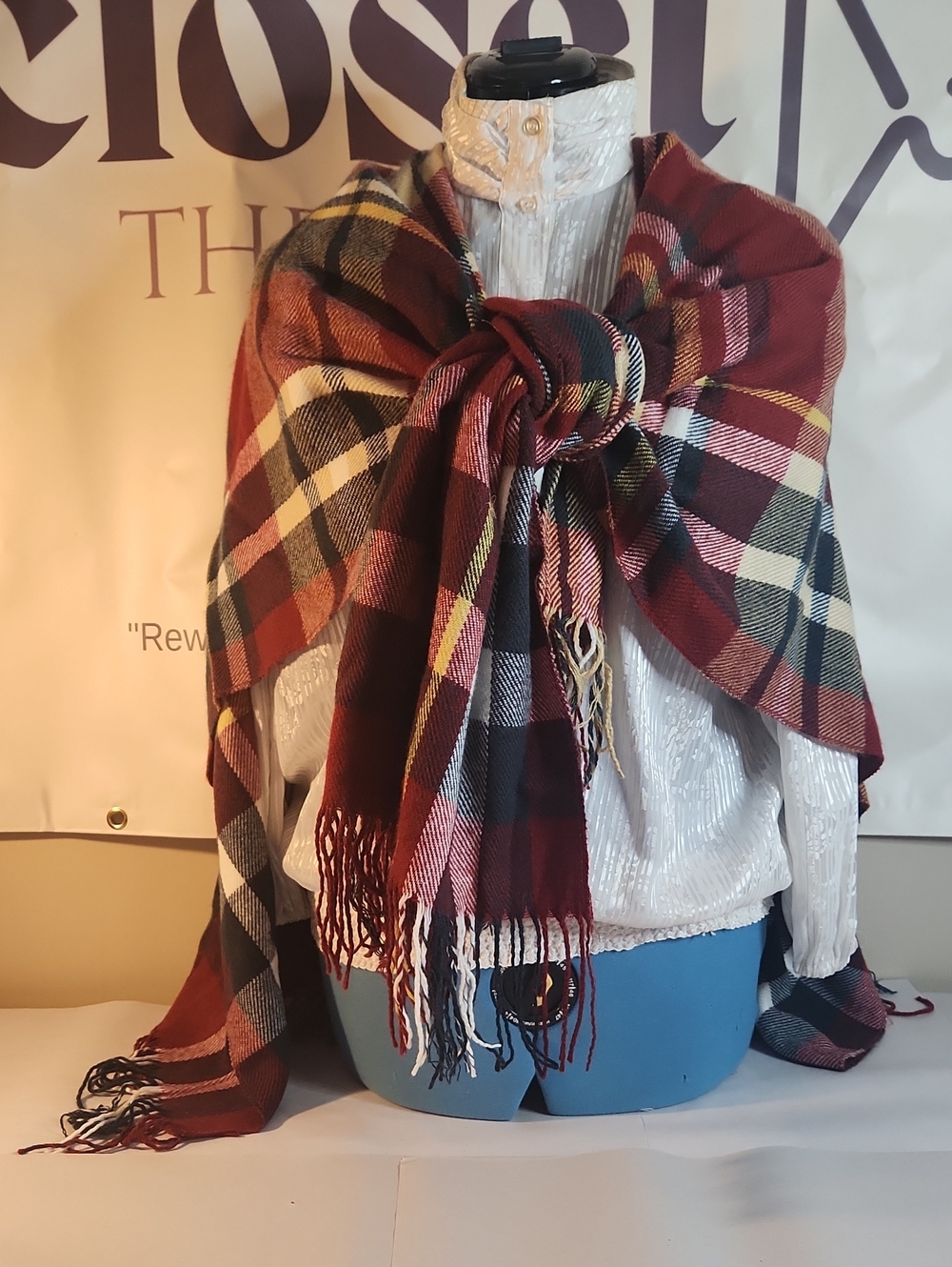 Plaid Fringe Shawl Wrap - Burgundy Multi